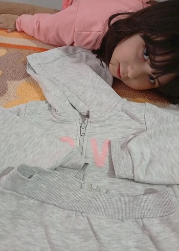 Kız Çocuk Gri Kapüşonlu Fermuarlı Sweatshirt - Görsel 4