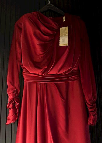 Bordo Drapeli Uzun Kollu Abiye Elbise - Görsel 3