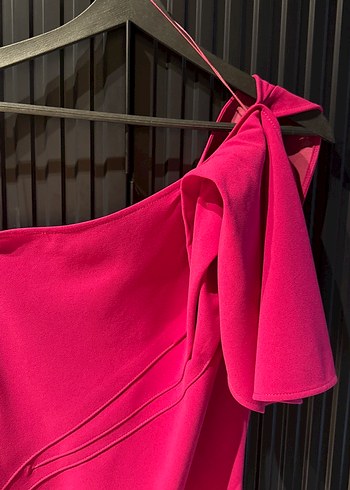 Pembe Uzun Drapeli V Yaka Abiye Elbise - Görsel 4