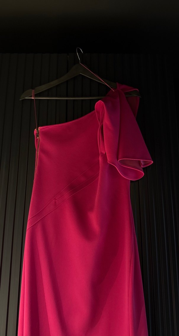 Pembe Uzun Drapeli V Yaka Abiye Elbise - Görsel 3