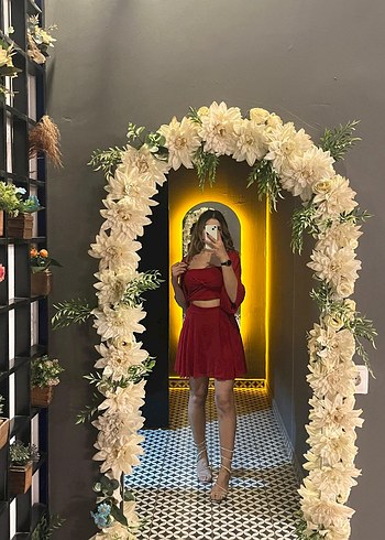 Kırmızı Mini Straplez Saten Elbise - Görsel 2