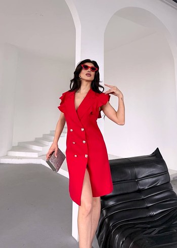 Düğmeli Kırmızı Fırfırlı Elbise - Görsel 2