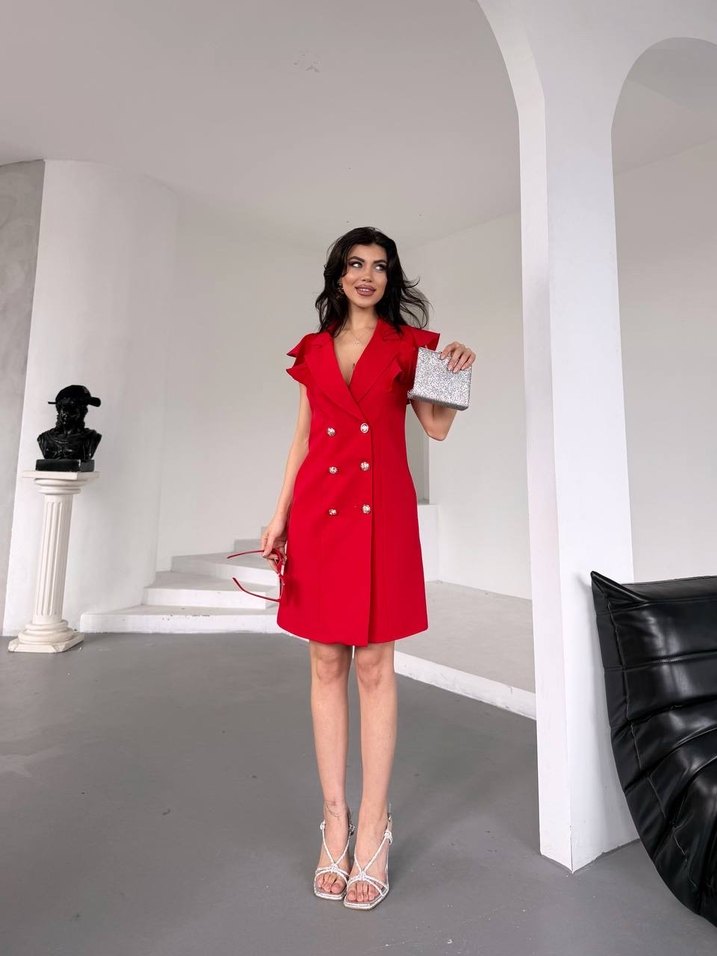 Düğmeli Kırmızı Fırfırlı Elbise - Görsel 3