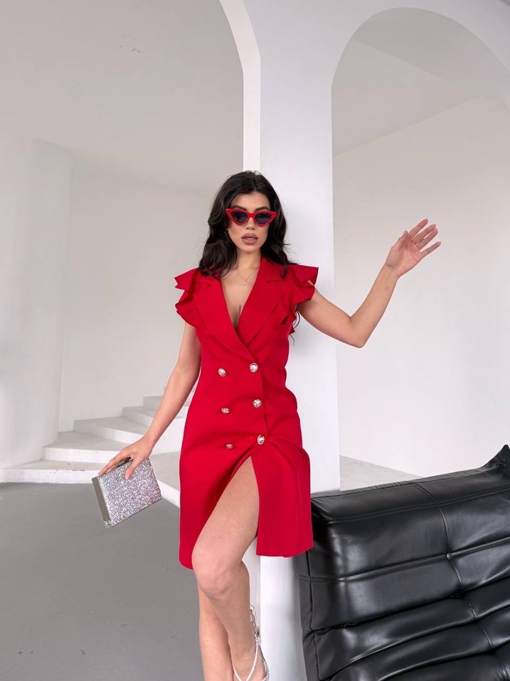 Düğmeli Kırmızı Fırfırlı Elbise - Görsel 4