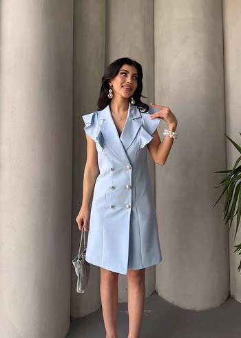 Mavi Düğmeli Fırfırlı Elbise - Görsel 4