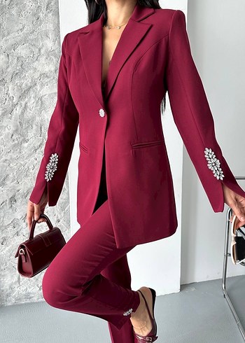 Bordo Kadın Uzun Kollu Ofis Takım Elbise - Görsel 4