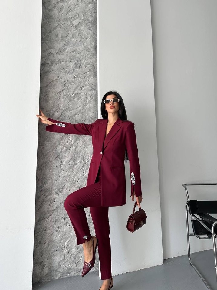 Bordo Kadın Uzun Kollu Ofis Takım Elbise - Görsel 3