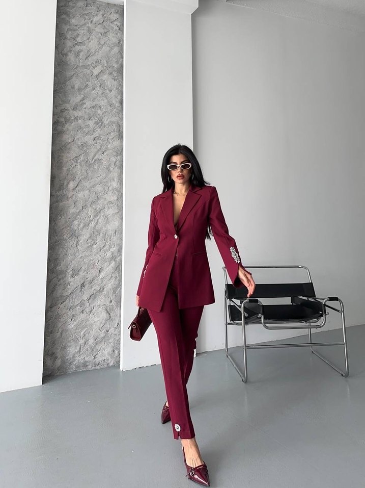 Bordo Kadın Uzun Kollu Ofis Takım Elbise - Görsel 2