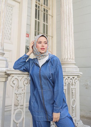 Kadın Lacivert Denim Uzun Ceket ve Pantolon Takım - Görsel 2