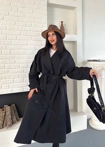 Siyah  Kemerli Uzun Salaş Trençkot - Görsel 4