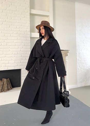 Siyah  Kemerli Uzun Salaş Trençkot - Görsel 2