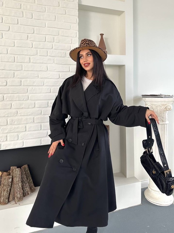 Siyah  Kemerli Uzun Salaş Trençkot - Görsel 4