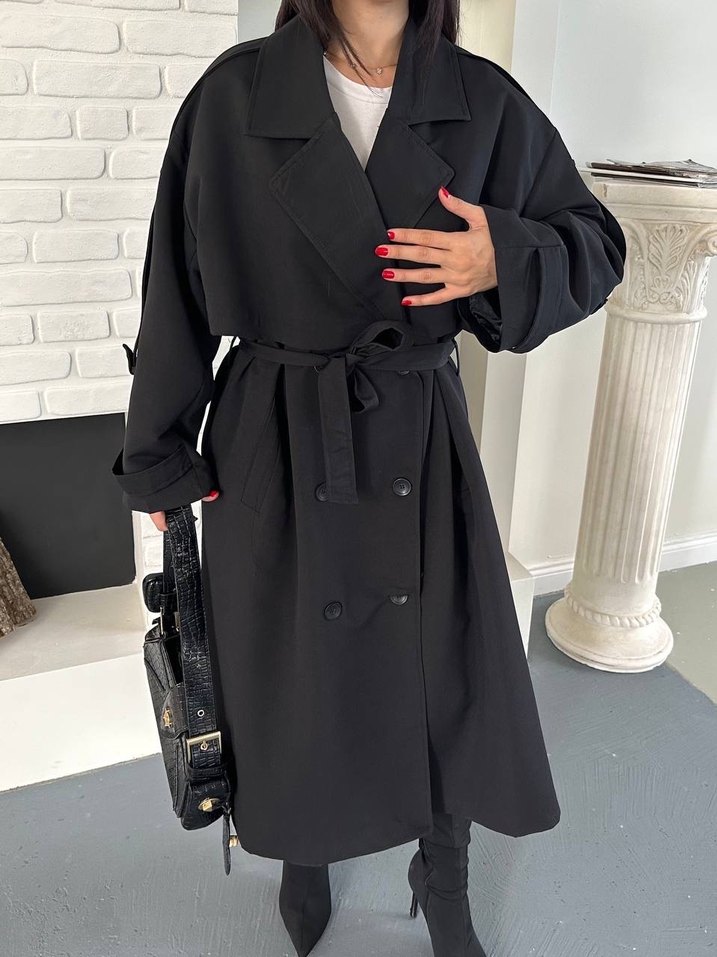 Siyah  Kemerli Uzun Salaş Trençkot - Görsel 3