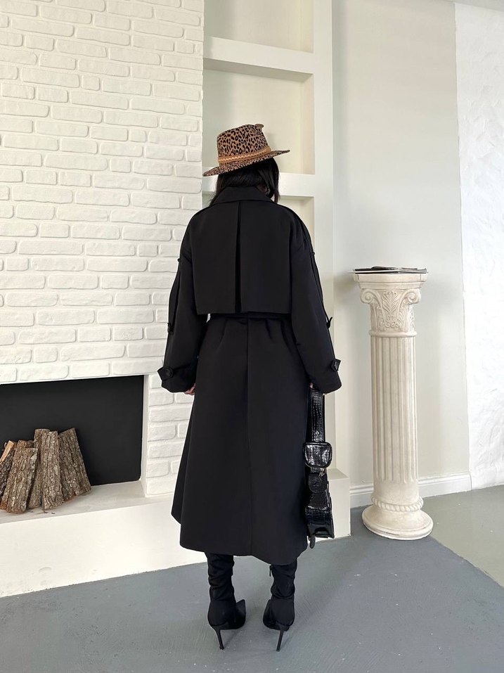 Siyah  Kemerli Uzun Salaş Trençkot - Görsel 5