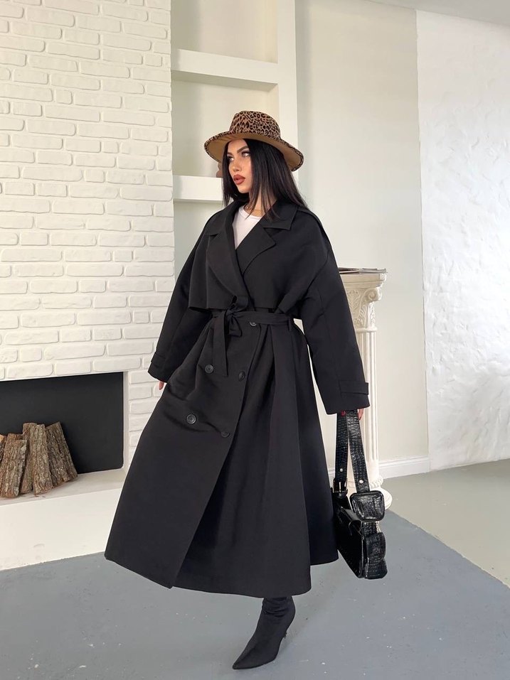 Siyah  Kemerli Uzun Salaş Trençkot - Görsel 2