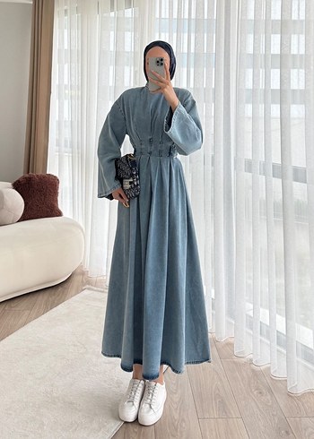Kadın Mavi Denim Uzun Elbise - Görsel 4