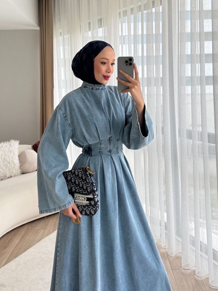 Kadın Mavi Denim Uzun Elbise - Görsel 2