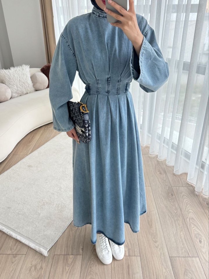 Kadın Mavi Denim Uzun Elbise - Görsel 3