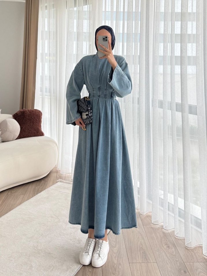 Kadın Mavi Denim Uzun Elbise - Görsel 4