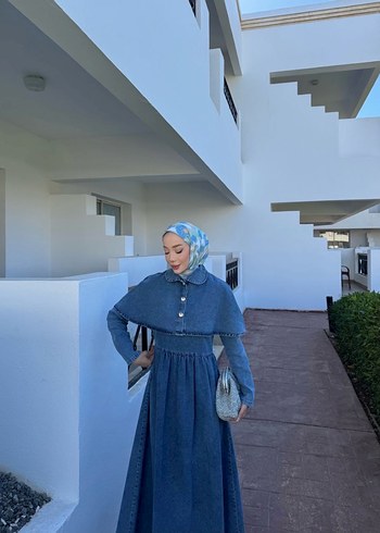 Kadın Mavi Denim Uzun Elbise - Görsel 2