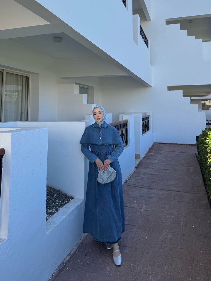 Kadın Mavi Denim Uzun Elbise - Görsel 3