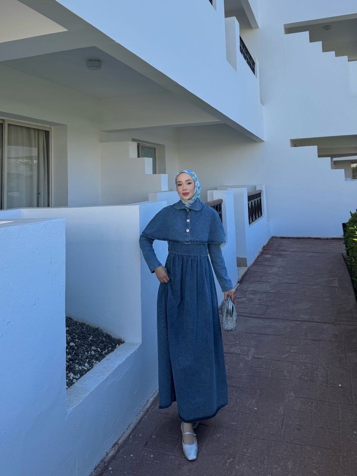 Kadın Mavi Denim Uzun Elbise - Görsel 4