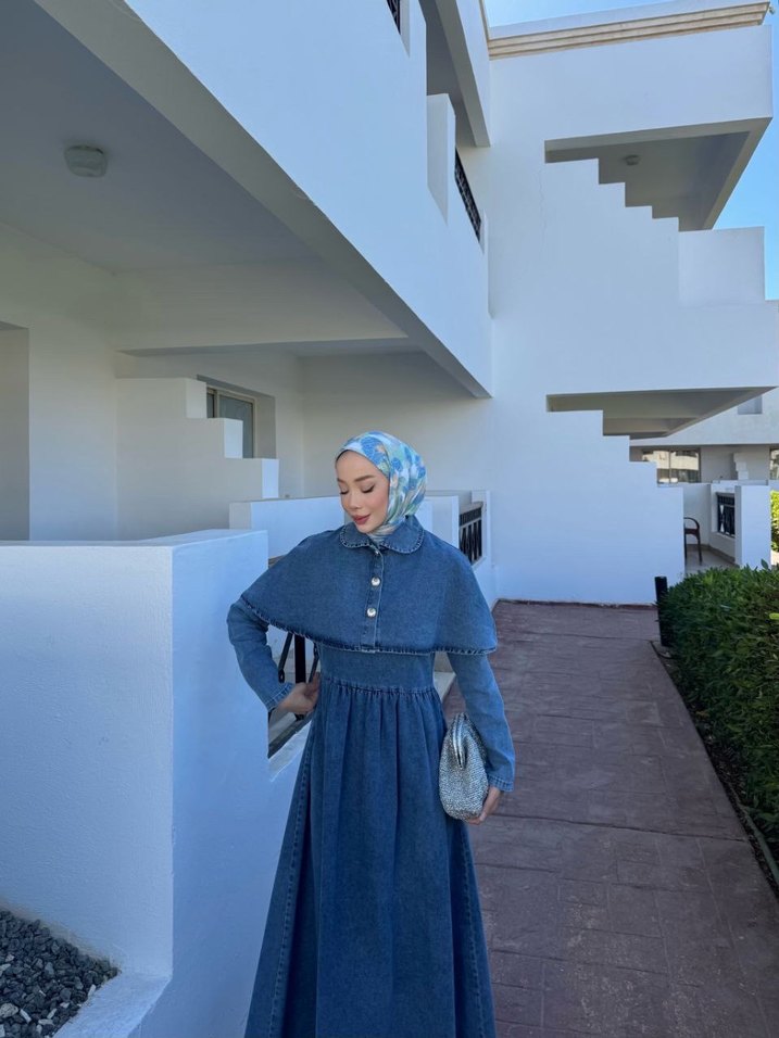 Kadın Mavi Denim Uzun Elbise - Görsel 2