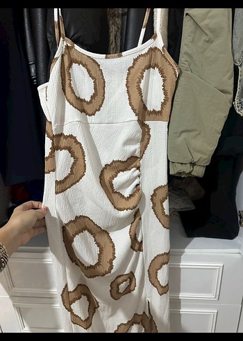 Bej Bağlama Desenli Uzun Keten askılı Elbise - Görsel 2