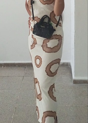 Bej Bağlama Desenli Uzun Keten askılı Elbise - Görsel 6