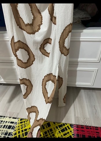 Bej Bağlama Desenli Uzun Keten askılı Elbise - Görsel 3