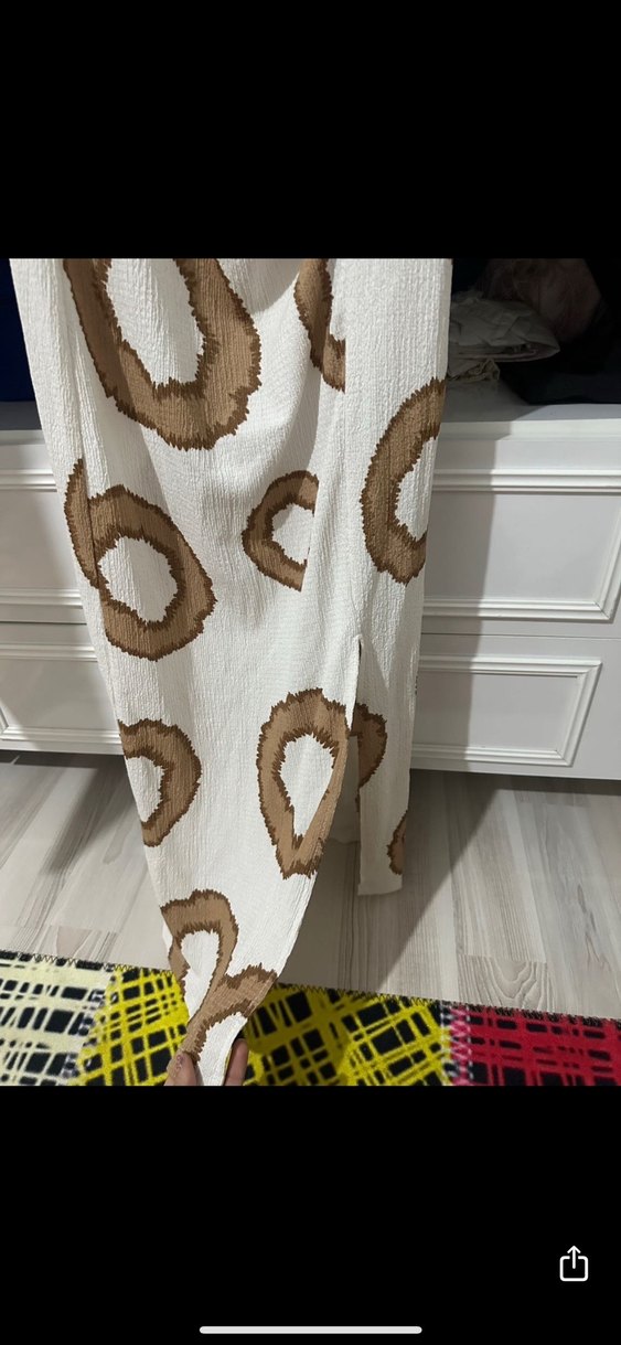 Bej Bağlama Desenli Uzun Keten askılı Elbise - Görsel 3