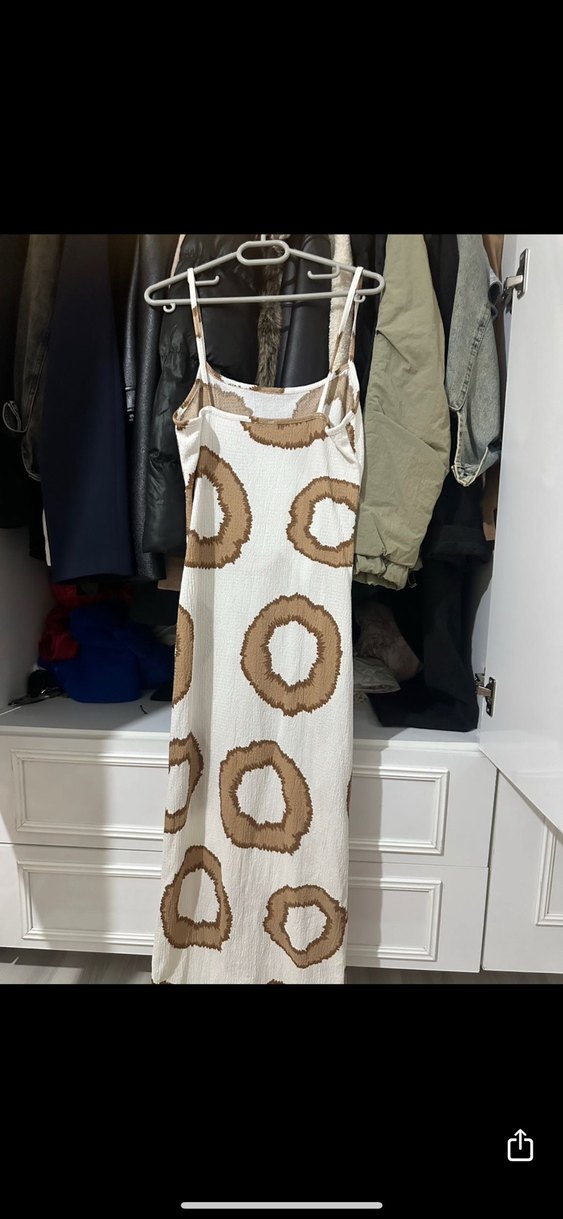 Bej Bağlama Desenli Uzun Keten askılı Elbise - Görsel 5