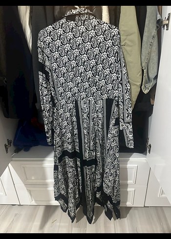 Desenli Siyah Gri Uzun Kadın Gömlek Elbise - Görsel 3