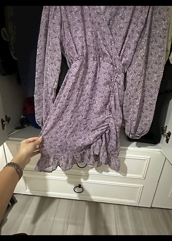 Lila çiçek desenli salaş mini tül Elbise - Görsel 2