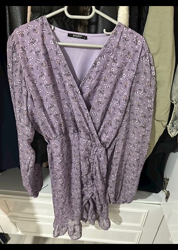 Lila çiçek desenli salaş mini tül Elbise - Görsel 3