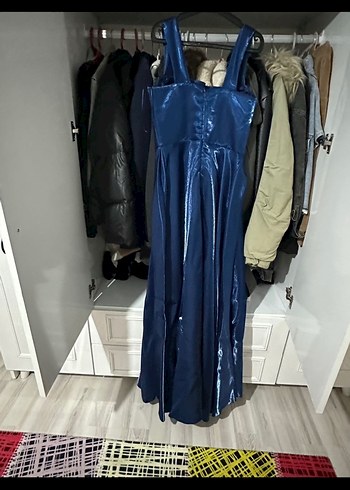 Saks mavisi kabarık korseli taşlı kadın abiye - Görsel 7