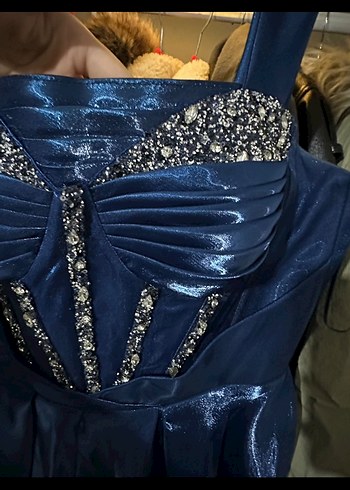 Saks mavisi kabarık korseli taşlı kadın abiye - Görsel 4