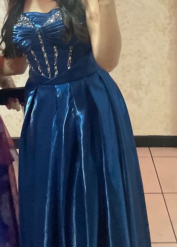 Saks mavisi kabarık korseli taşlı kadın abiye - Görsel 2