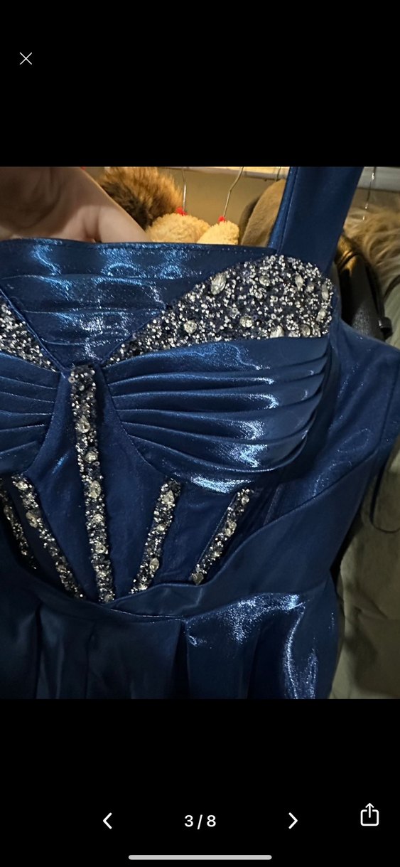 Saks mavisi kabarık korseli taşlı kadın abiye - Görsel 4