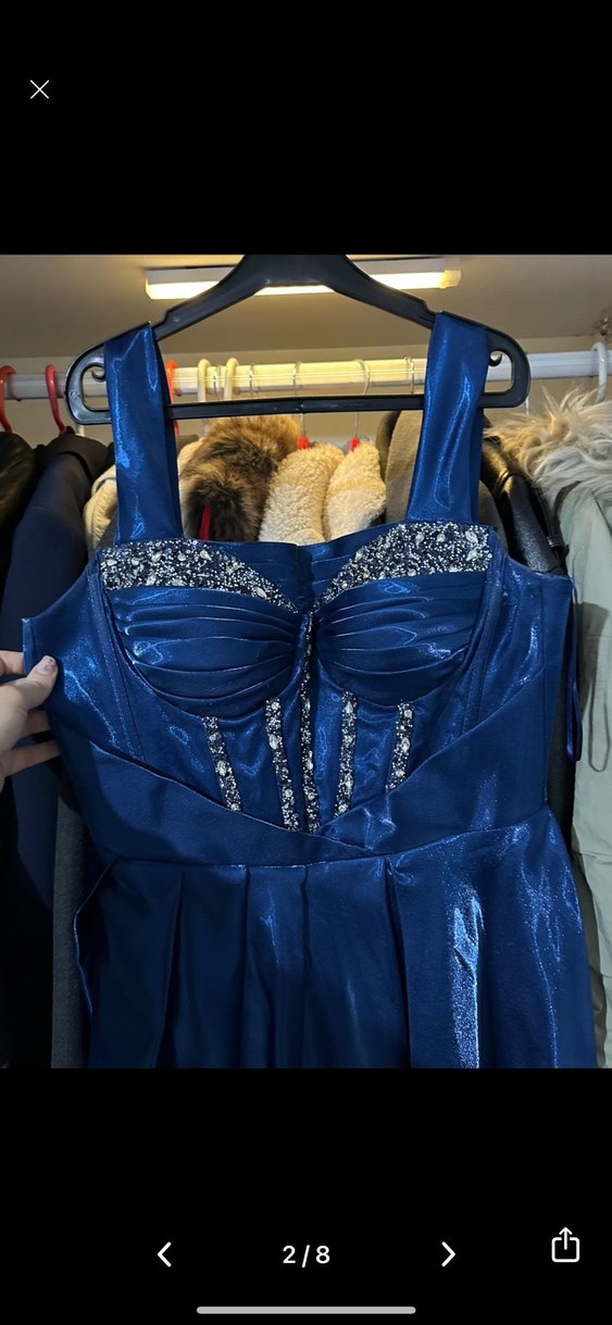 Saks mavisi kabarık korseli taşlı kadın abiye - Görsel 3