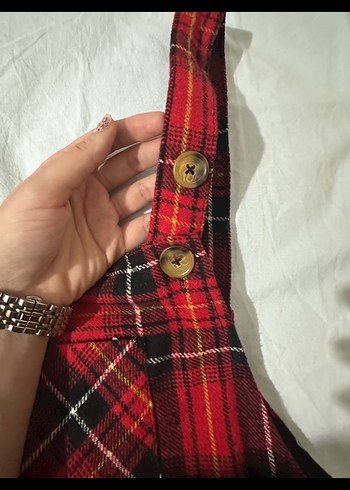 Kırmızı Ekose Kısa Askılı Kışlık Salopet Elbise - Görsel 5