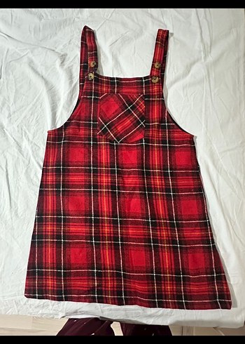 Kırmızı Ekose Kısa Askılı Kışlık Salopet Elbise - Görsel 2