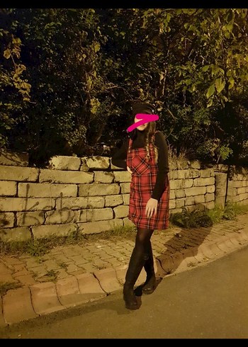 Kırmızı Ekose Kısa Askılı Kışlık Salopet Elbise - Görsel 8