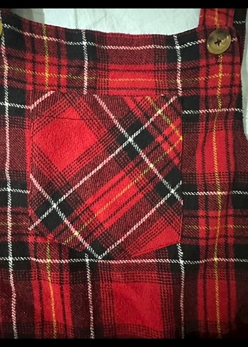 Kırmızı Ekose Kısa Askılı Kışlık Salopet Elbise - Görsel 4