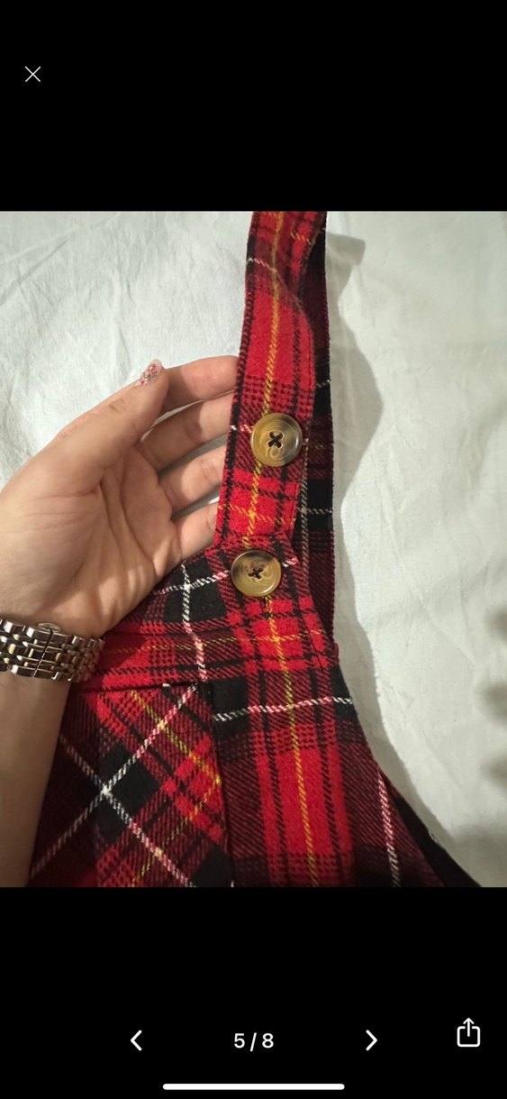 Kırmızı Ekose Kısa Askılı Kışlık Salopet Elbise - Görsel 5