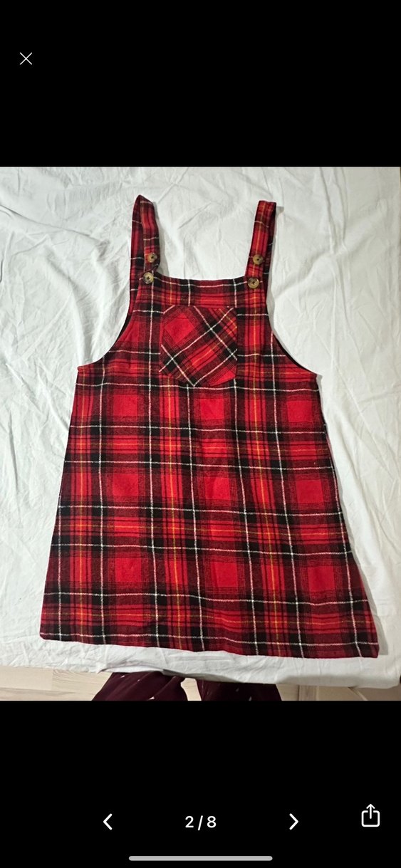 Kırmızı Ekose Kısa Askılı Kışlık Salopet Elbise - Görsel 2