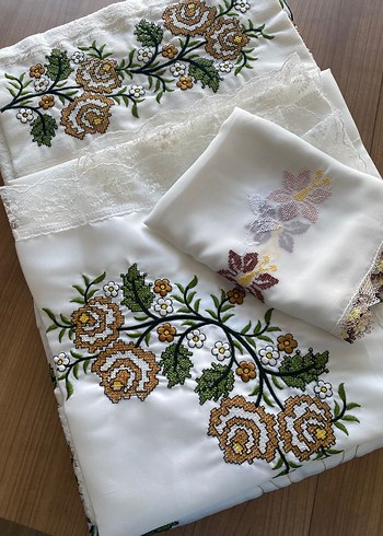 iğne oyalı mevlit örtüsü seccade havlu bohça kur an kabı seti - Görsel 7