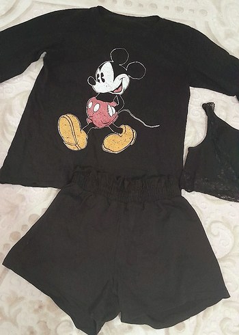Mickey Baskılı Siyah Mini Pijama Takımı - Görsel 2