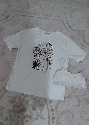 Baskılı Beyaz Kadın Mini Tişört - Görsel 3