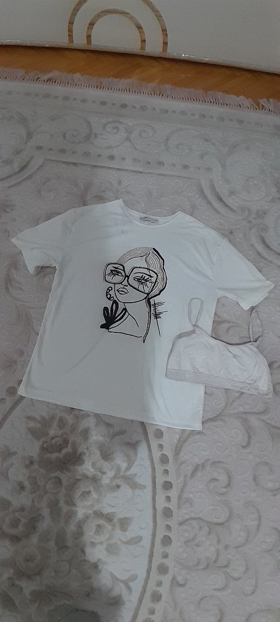 Baskılı Beyaz Kadın Mini Tişört - Görsel 3